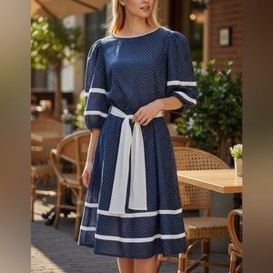 Vintage Just Ducky Navy & White Mid Polka Dot Dress - Tie Waist Balloon Sleeve